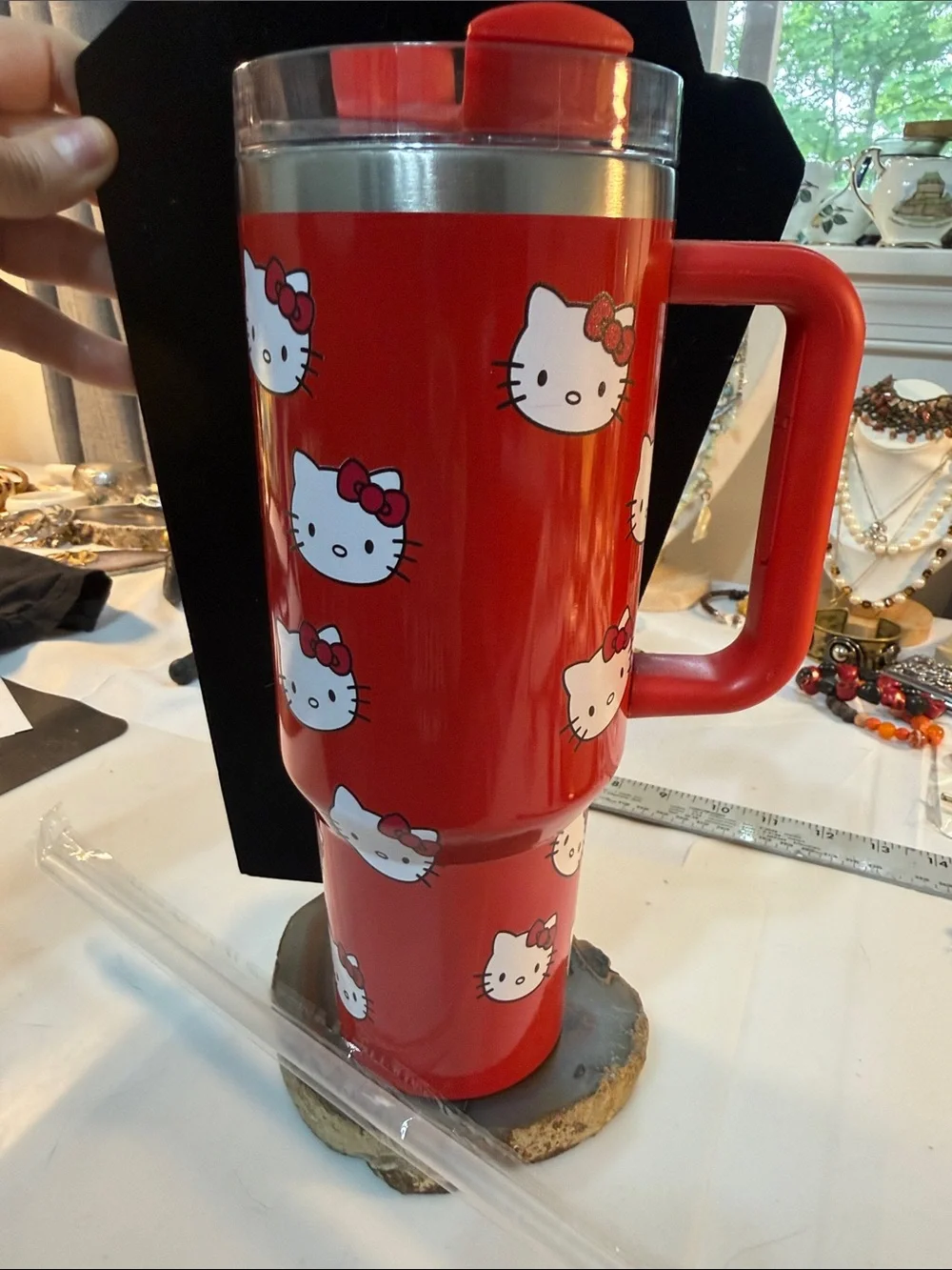 Kitty Red Travel Mug with Handle & straw 11” tall